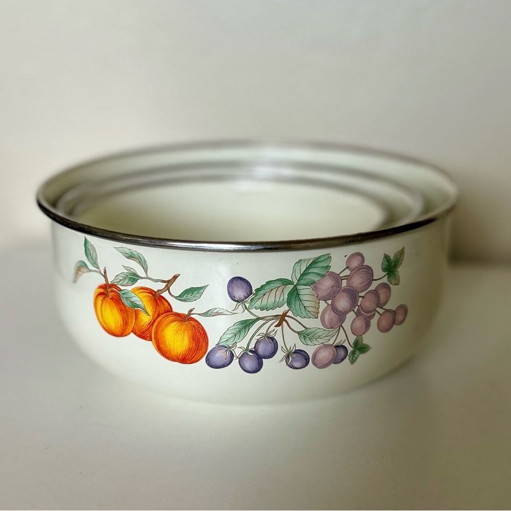 Vintage Pastel Set 3 Enamelware Fruits Nesting Mixing Bowls